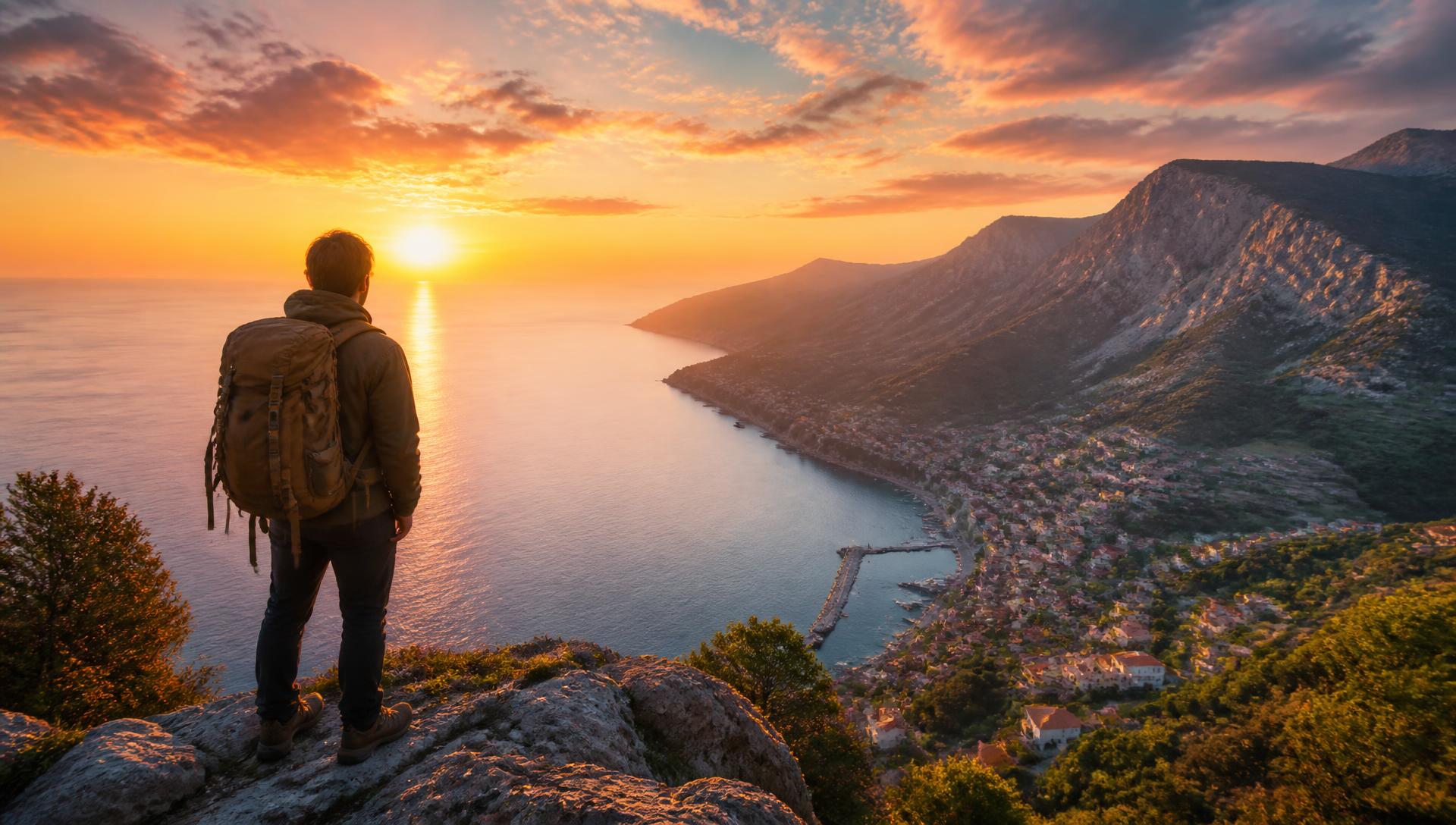 Traveler overlooking mountains at sunrise